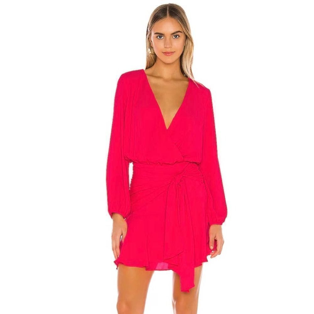 Krisa Tie Waist Surplice Mini Dress in Desire Pink SZ L